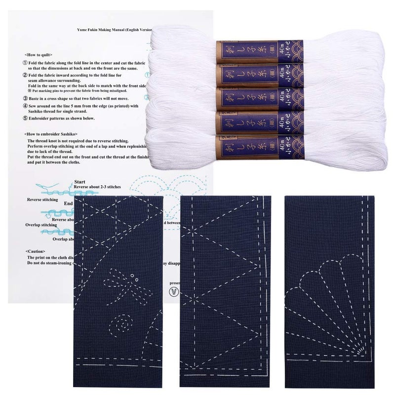 Daruma Sashiko kit, Yokota Sashiko Thread and Template Yume Fukin with Original English Manual, Fabric, Japanese Textile (White Thread/Navy Dishcloth 2) - Image 1